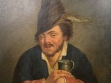 painting of a man in a hat drinking a glass of wine