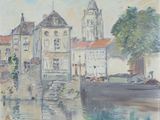 une peinture représentant un bateau sur l'eau, devant un immeuble