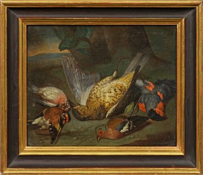 tableau représentant un faisan, des faisans et d'autres oiseaux posés sur une table