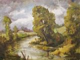 an oil painting of a river with trees and a house in the distance