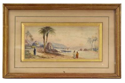 un tableau représentant une scène de plage avec des palmiers et un bateau