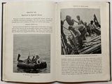 an open book with pictures of people on a boat in the water