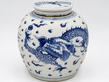 un pot bleu et blanc orné d'un motif représentant un dragon