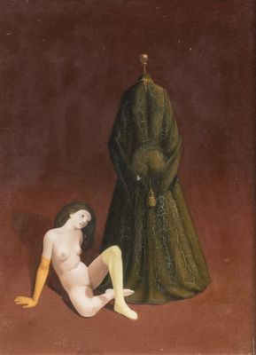 une image représentant un tableau où l'on voit une femme assise par terre à côté d'un mannequin