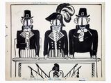 cartoon drawing of three men in top hats and tails standing at a table