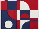 une peinture abstraite composée de formes rouges, blanches et bleues
