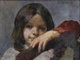 a painting of a little girl holding a shoe