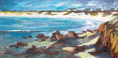 an oil painting of a beach scene with rocks and a body of water