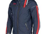 the jacket is blue with red and white stripes on it