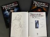 three books on a table with a drawing of a woman and a man
