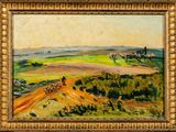 une peinture à l'huile représentant un paysage avec une calèche