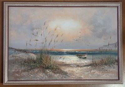 painting of a boat on a beach with sea oats in the foreground