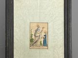 un tableau ancien, encadré, représentant une femme et un enfant dans un jardin