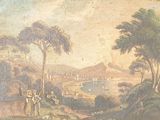 painting of a view of a town with a river and a village