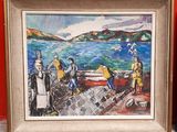 a painting of a group of people standing on a pier