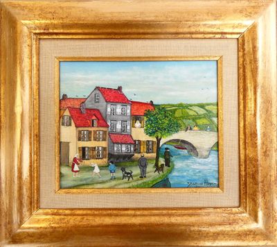 une image représentant une peinture d'une maison avec un pont en arrière-plan
