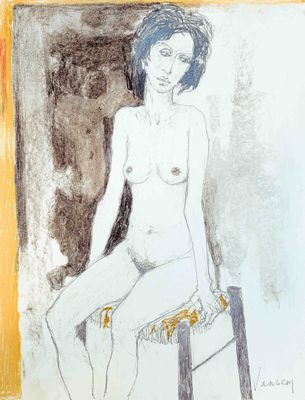 dessin représentant une femme assise sur une chaise, dans un cadre jaune