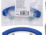 two blue handles and screws in a package and a package of screws