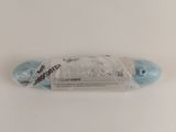 a blue skateboard wrapped in plastic on a white surface