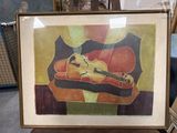 painting of a violin on display in a shop window