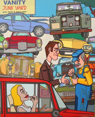a cartoon picture of a man talking to a woman in a car