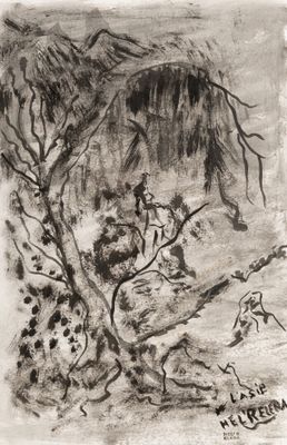 une image d'un dessin en noir et blanc d'un homme sur un cheval