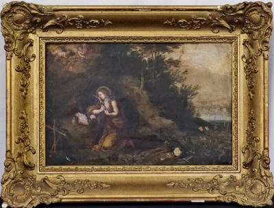 painting of a woman and child in a wooded landscape with a dog