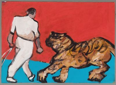 a painting of a man walking a tiger with a tennis racket