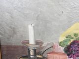 a painting of a candle and flowers on a table