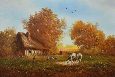 un tableau représentant des vaches paissant dans un champ, avec une maison au toit de chaume en arrière-plan