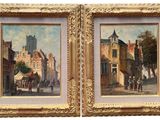 two paintings of a street scene with a horse drawn carriage and a horse drawn carriage
