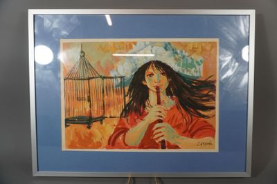 Jean Abadie 1921-2010. Gouache "jeune fille à la cage" signé…