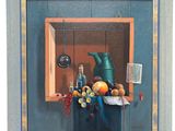 a picture of a painting of fruit and a teapot on a shelf