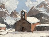painting of a church in the snow with mountains in the background
