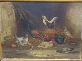 a picture of a painting of chickens and chickens in a barn