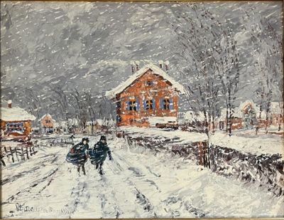 tableau représentant deux personnes marchant sur une route enneigée devant une maison rouge