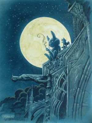 un tableau représentant un chat assis au sommet d'un immeuble, avec la pleine lune en arrière-plan