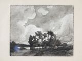 drawing of a black and white landscape with trees and a body of water
