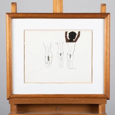 une image représentant un dessin d'un homme et d'une femme posé sur un chevalet