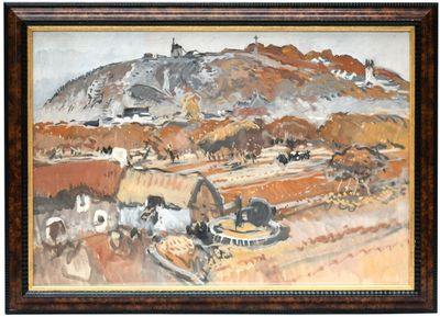 a picture of a painting of a village in the country