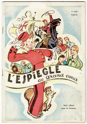 an old french children ' s book with a picture of a man in a red suit