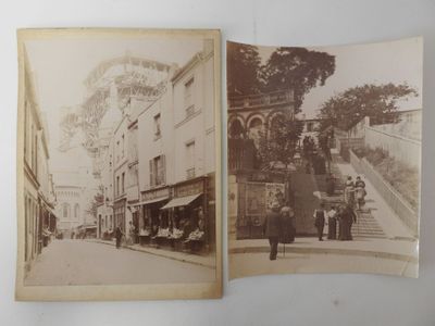 two old black and white photos of people walking down a street
