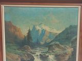 a painting of a mountain scene with a stream in the foreground