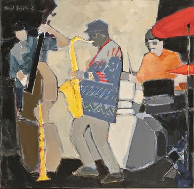 painting of a jazz band playing on stage with a red umbrella in the background