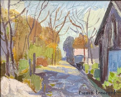 a painting of a man walking down the street