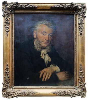 portrait d'un vieil homme en costume noir, à la barbe blanche