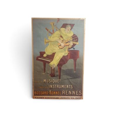 an old poster of a woman sitting on a piano playing a musical instrument