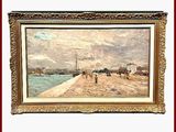 tableau représentant une scène de plage avec des personnes marchant sur le sable