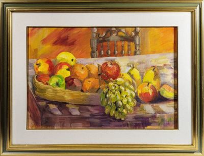 a painting of a basket of fruit on a table
