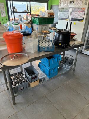 a table with pots and pans on it in the kitchen